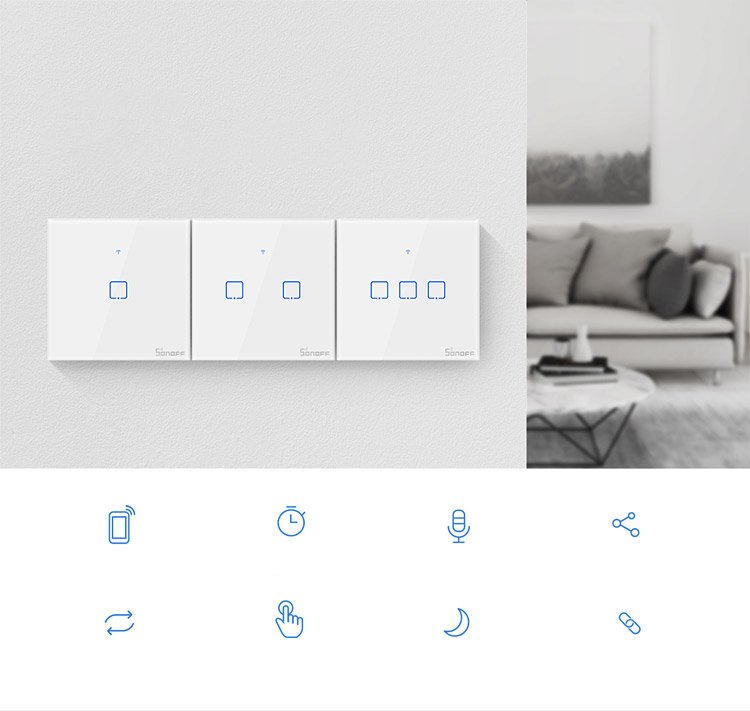 Jutiklinis šviesos Jungiklis Wifi 433 Mhz Rf Mygtukas Juodas T3eu1c-tx