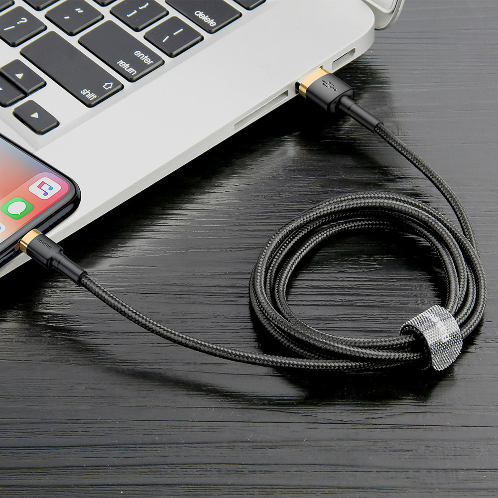 Patvarus Lankstus Usb Kabelis Iphone Lightning Qc3.0 1.5a 2m Juodai Auksinis
