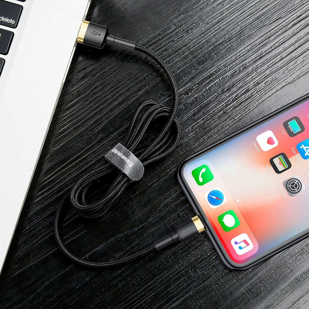 Patvarus Lankstus Usb Kabelis Iphone Lightning Qc3.0 1.5a 2m Juodai Auksinis