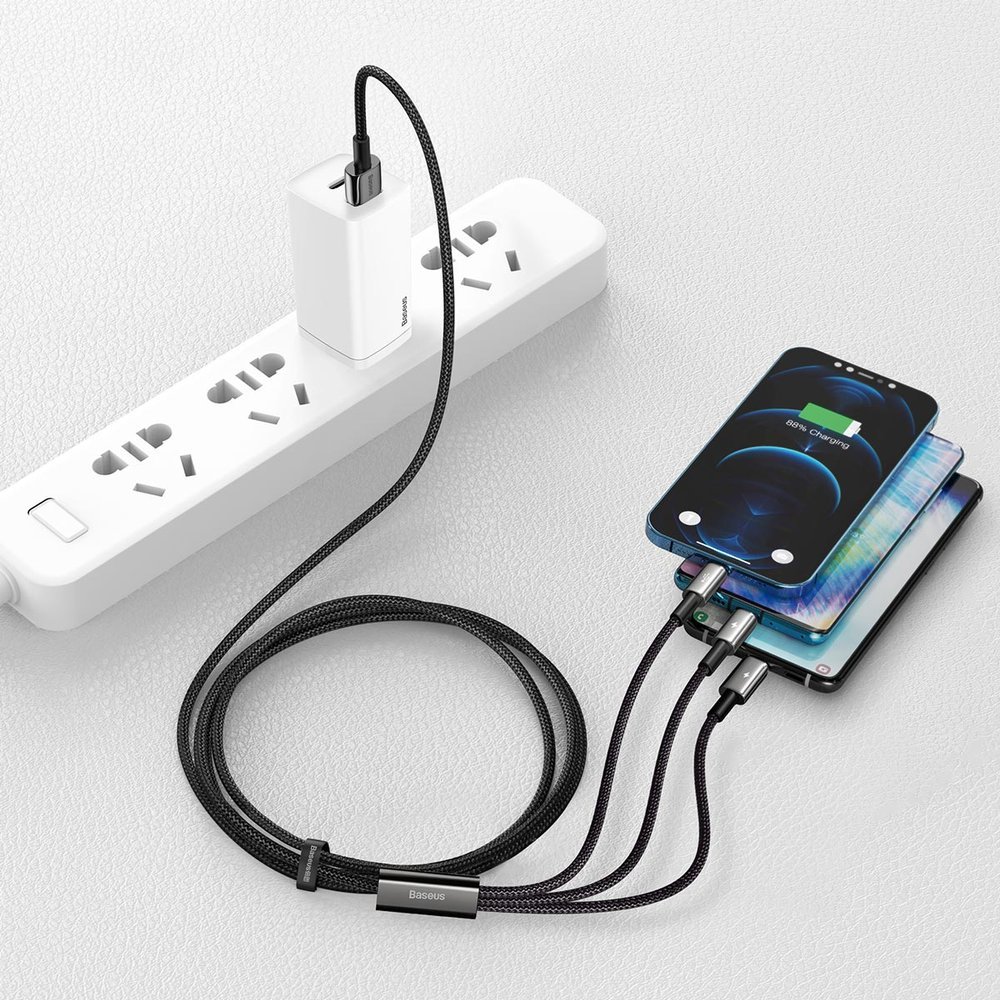 Kabelis 3in1 Usb Usb-c Iphone Lightning Microusb 3,5 A 1,5 M Juodas