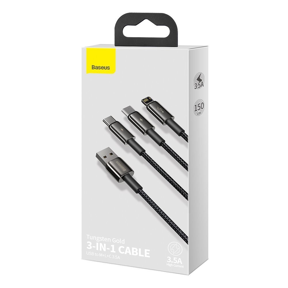Kabelis 3in1 Usb Usb-c Iphone Lightning Microusb 3,5 A 1,5 M Juodas