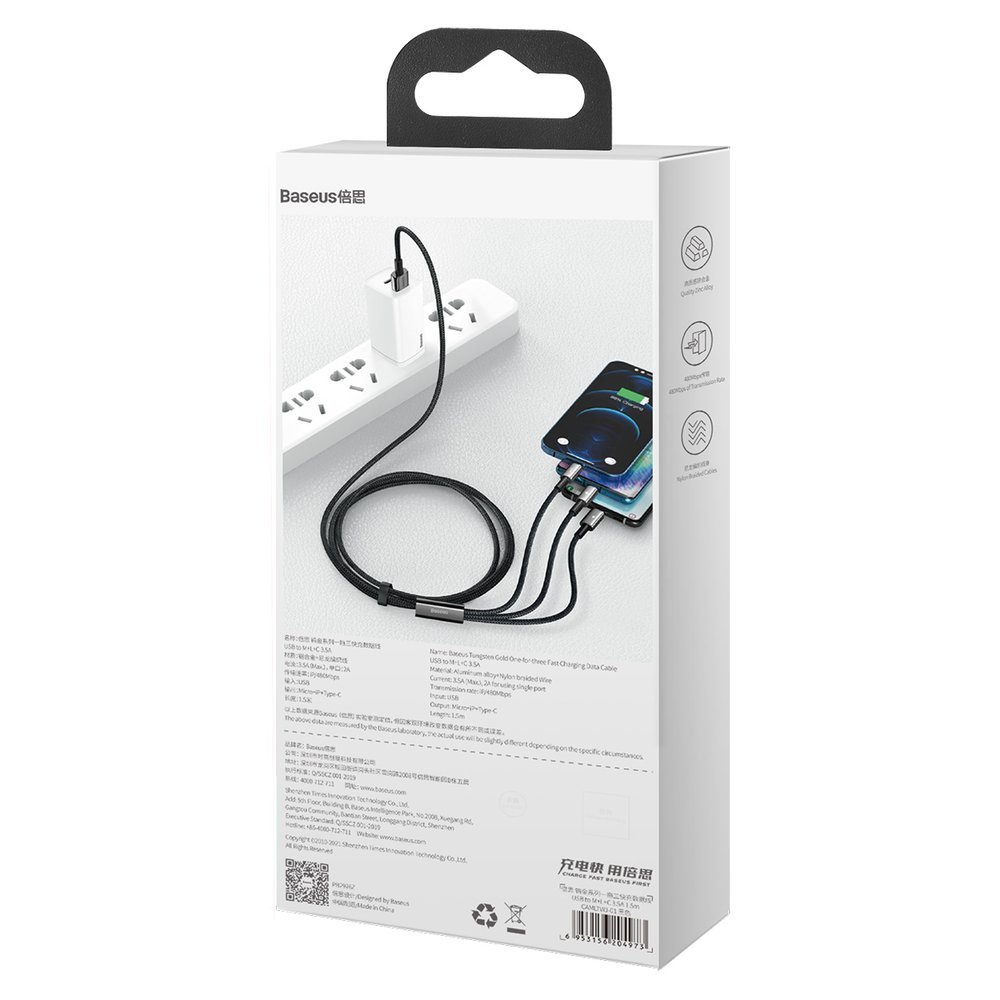 Kabelis 3in1 Usb Usb-c Iphone Lightning Microusb 3,5 A 1,5 M Juodas