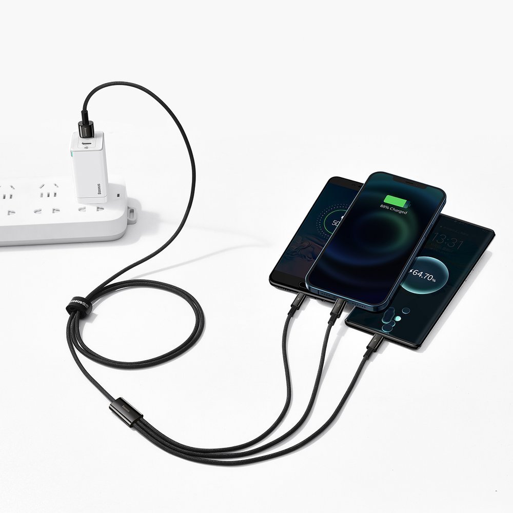 Kabelis 3in1 Usb Usb-c Iphone Lightning Microusb 3,5 A 1,5 M Juodas