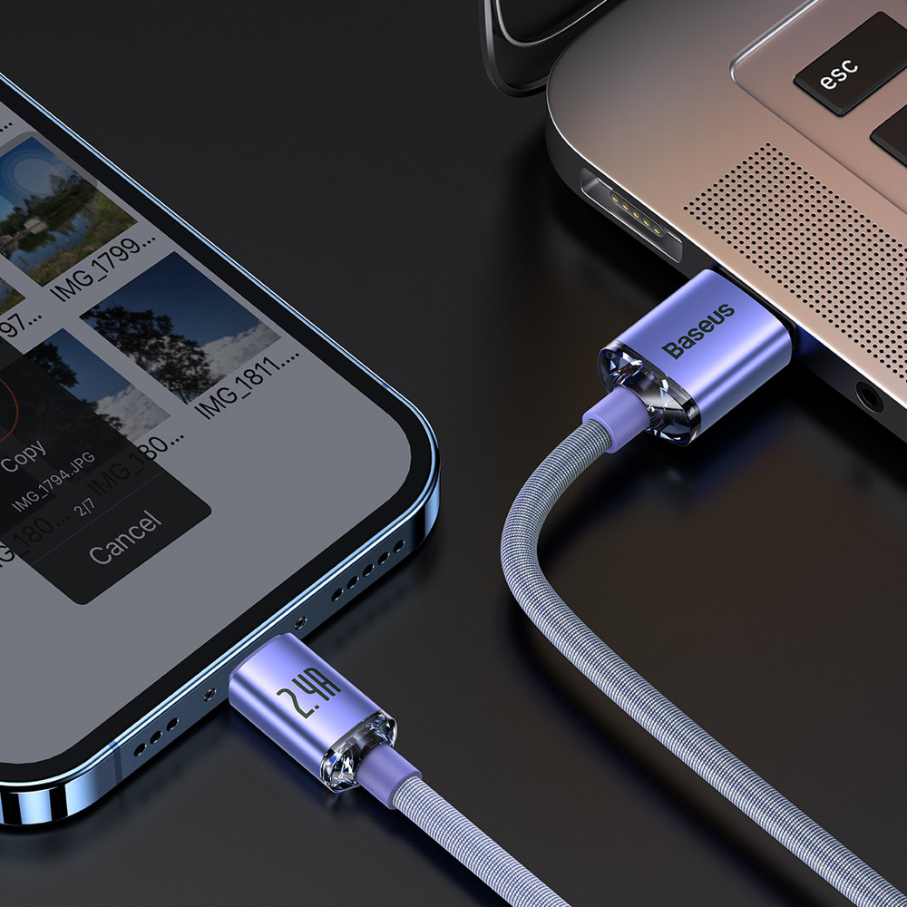 Kabelis Greitam įkrovimui Ir Duomenų Perdavimui Usb Iphone Lightning 2.4a 2 M Violetinės Spalvos