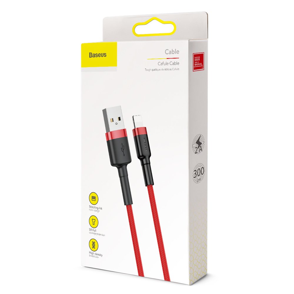 Patvarus Nailoninis Usb - Iphone Lightning Qc3 Kabelis 3 M - Raudonas