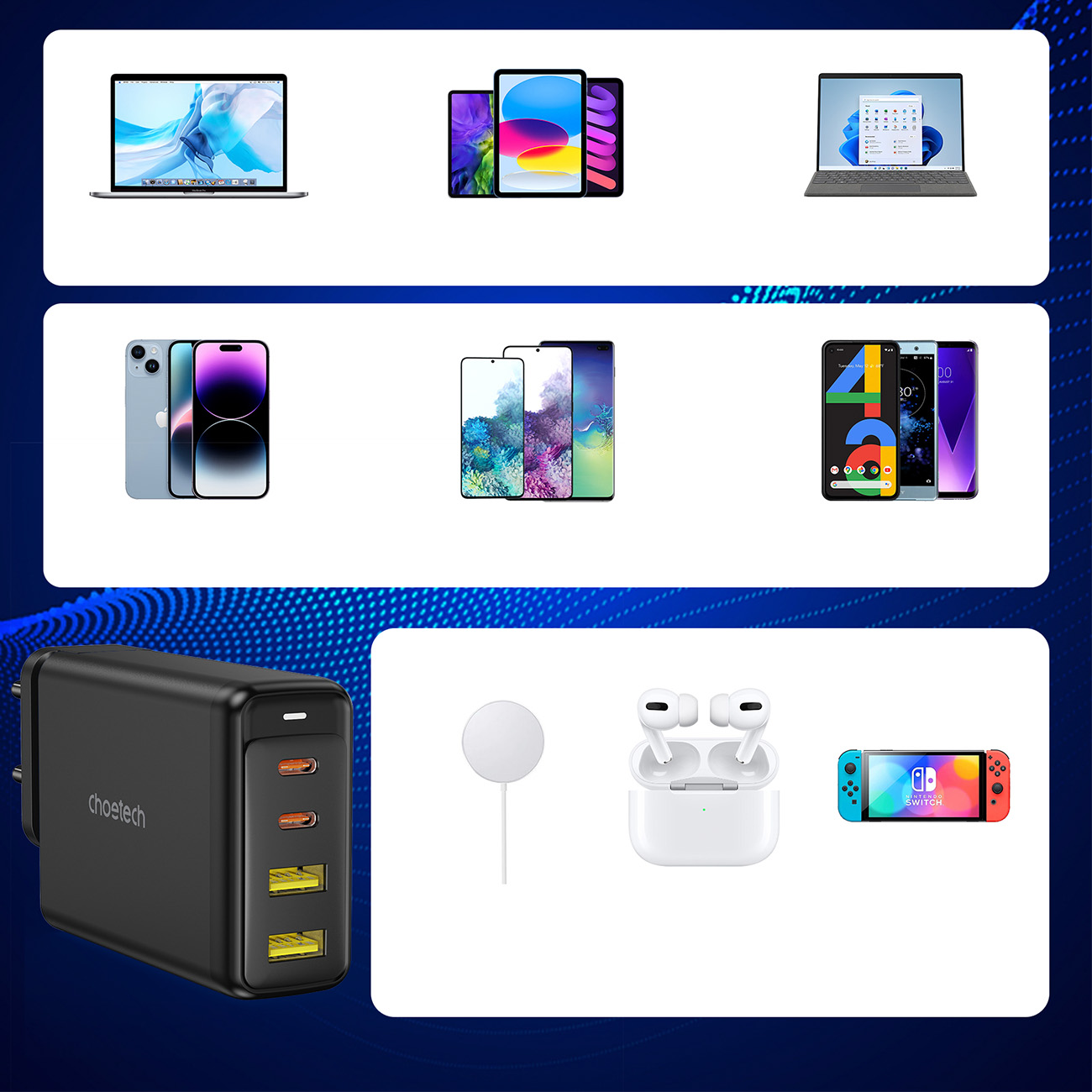 Gan 140w 4 Prievadų įkroviklis 2x Usb-c + 2x Usb - Juodas