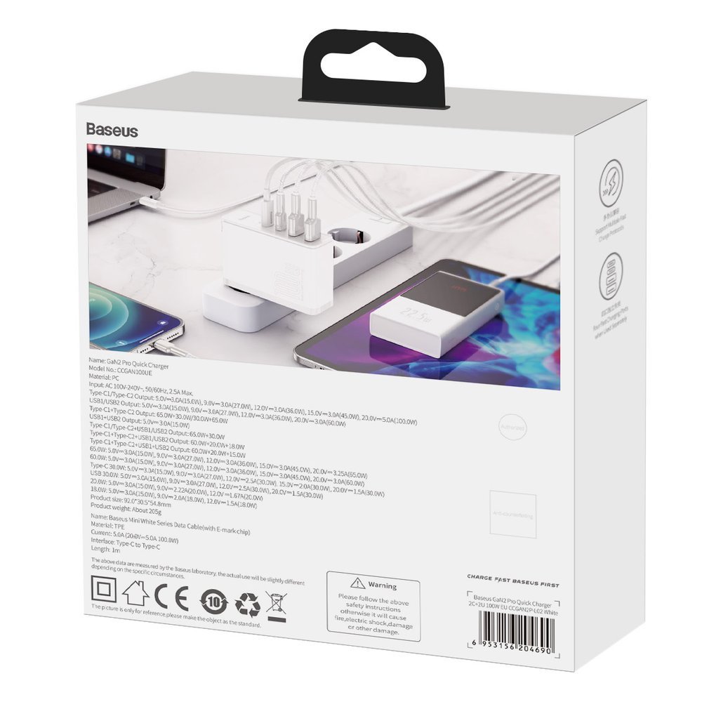 Gan2 Pro Usb Greitasis įkroviklis Usb-c Qc Pd 100w, Baltas
