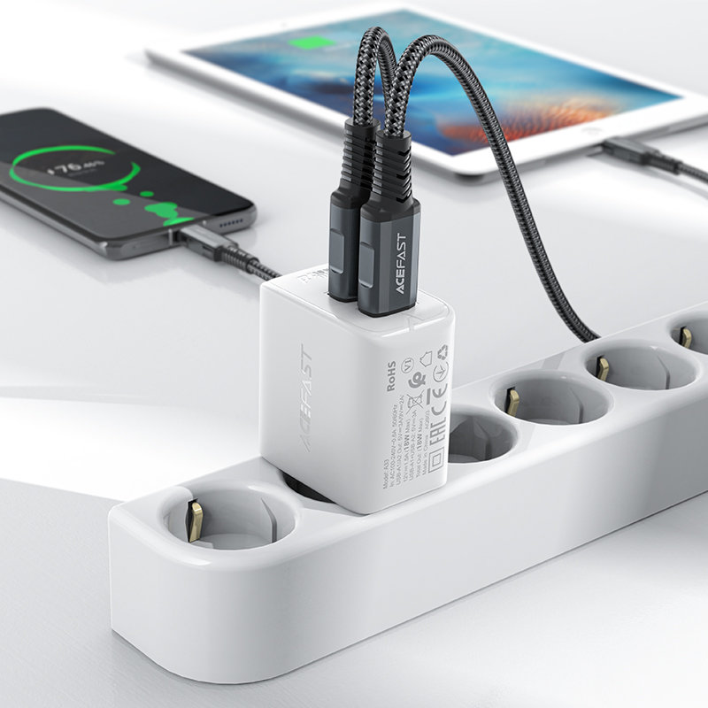 Gan Tinklo įkroviklis 2x Usb 18w Qc 3.0 Afc Fcp Baltos Spalvos