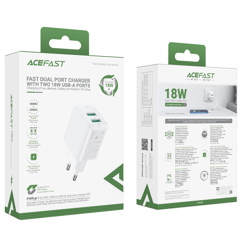 Gan Tinklo įkroviklis 2x Usb 18w Qc 3.0 Afc Fcp Baltos Spalvos