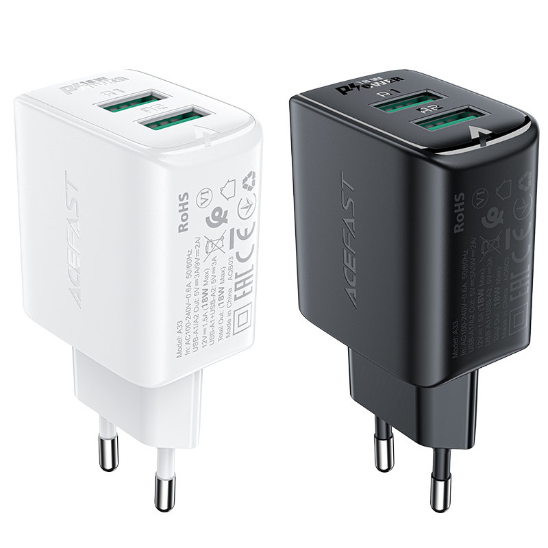 Gan Tinklo įkroviklis 2x Usb 18w Qc 3.0 Afc Fcp Baltos Spalvos