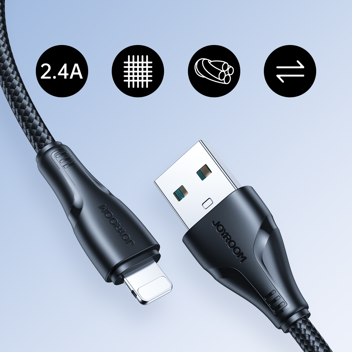 Kabelis "iphone" Usb - "lightning" 2.4a "surpass Series" 1,2 M Juodas
