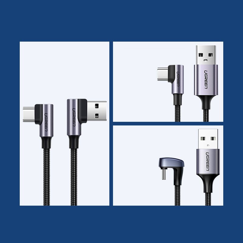 Kampinis Usb - Usb-c Qc 3.0 3a 1 M Pilkos Spalvos Kabelis