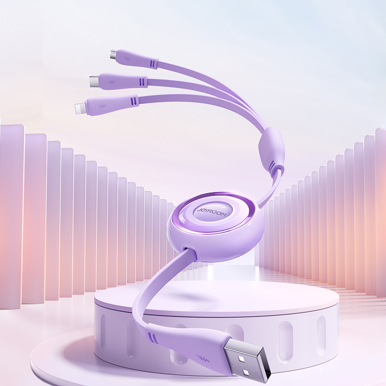 3in1 Spalvingos Serijos Usb-a į Usb-c / Iphone Lightning / Microusb Ištraukiamas Kabelis 1 M Violetinės Spalvos