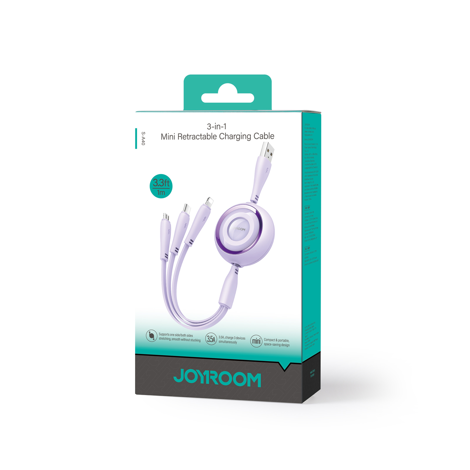 3in1 Spalvingos Serijos Usb-a į Usb-c / Iphone Lightning / Microusb Ištraukiamas Kabelis 1 M Violetinės Spalvos