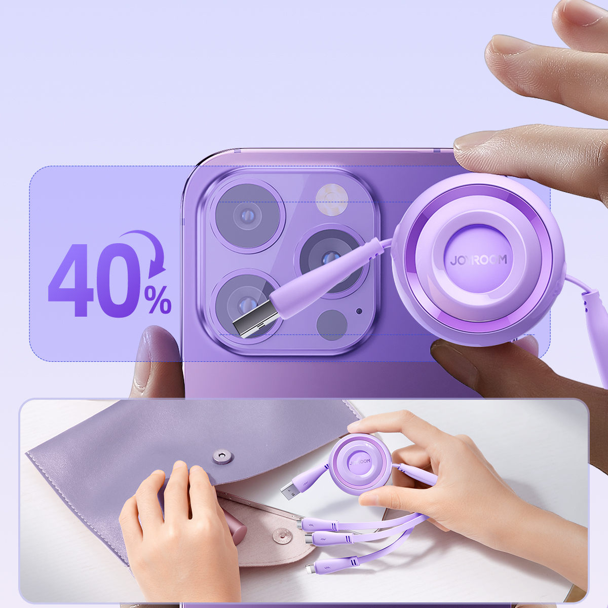 3in1 Spalvingos Serijos Usb-a į Usb-c / Iphone Lightning / Microusb Ištraukiamas Kabelis 1 M Violetinės Spalvos