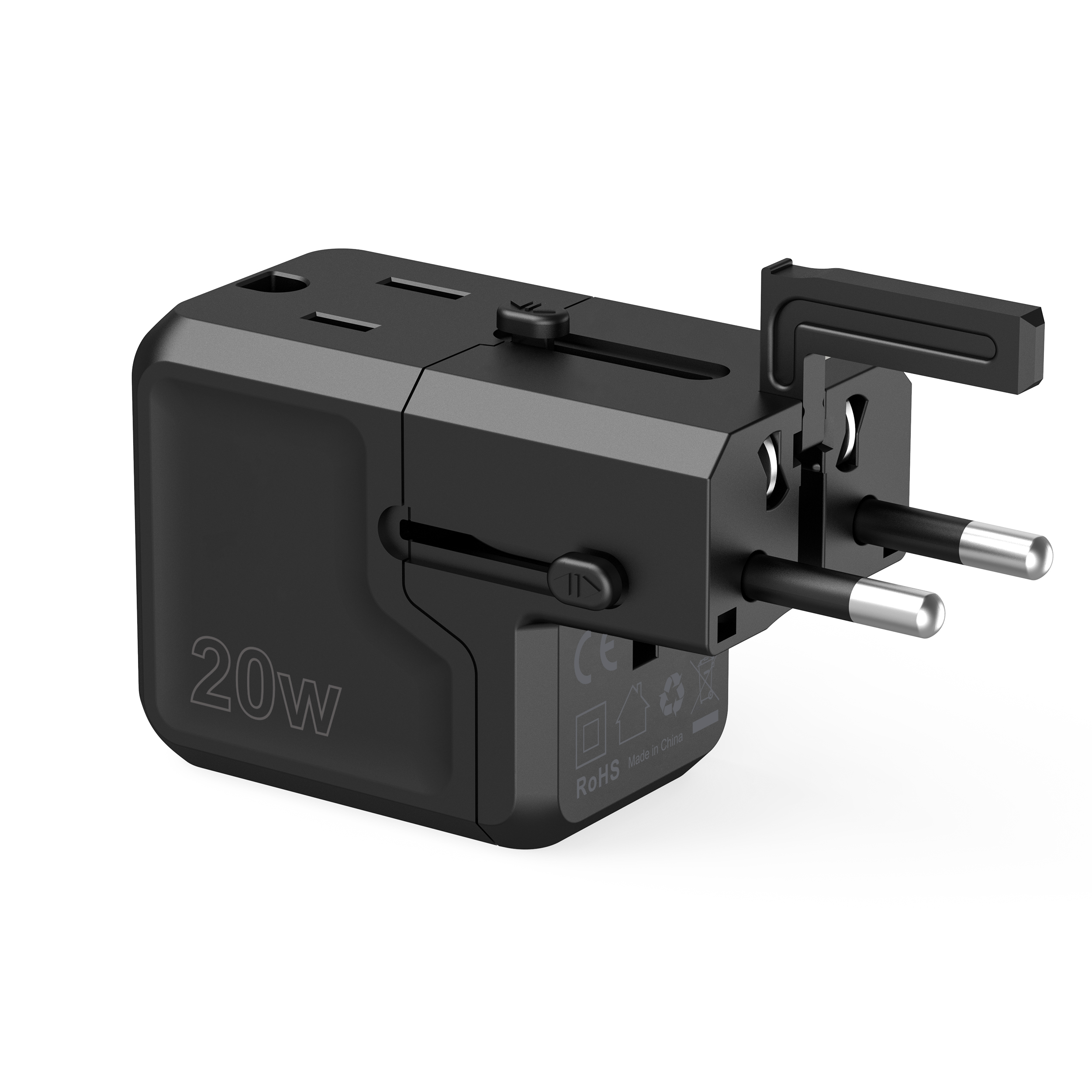 Universalus Kelioninis įkroviklis Usb-c Usb-a Pd 20w Kištukai Usa Eu Uk Au Juodas