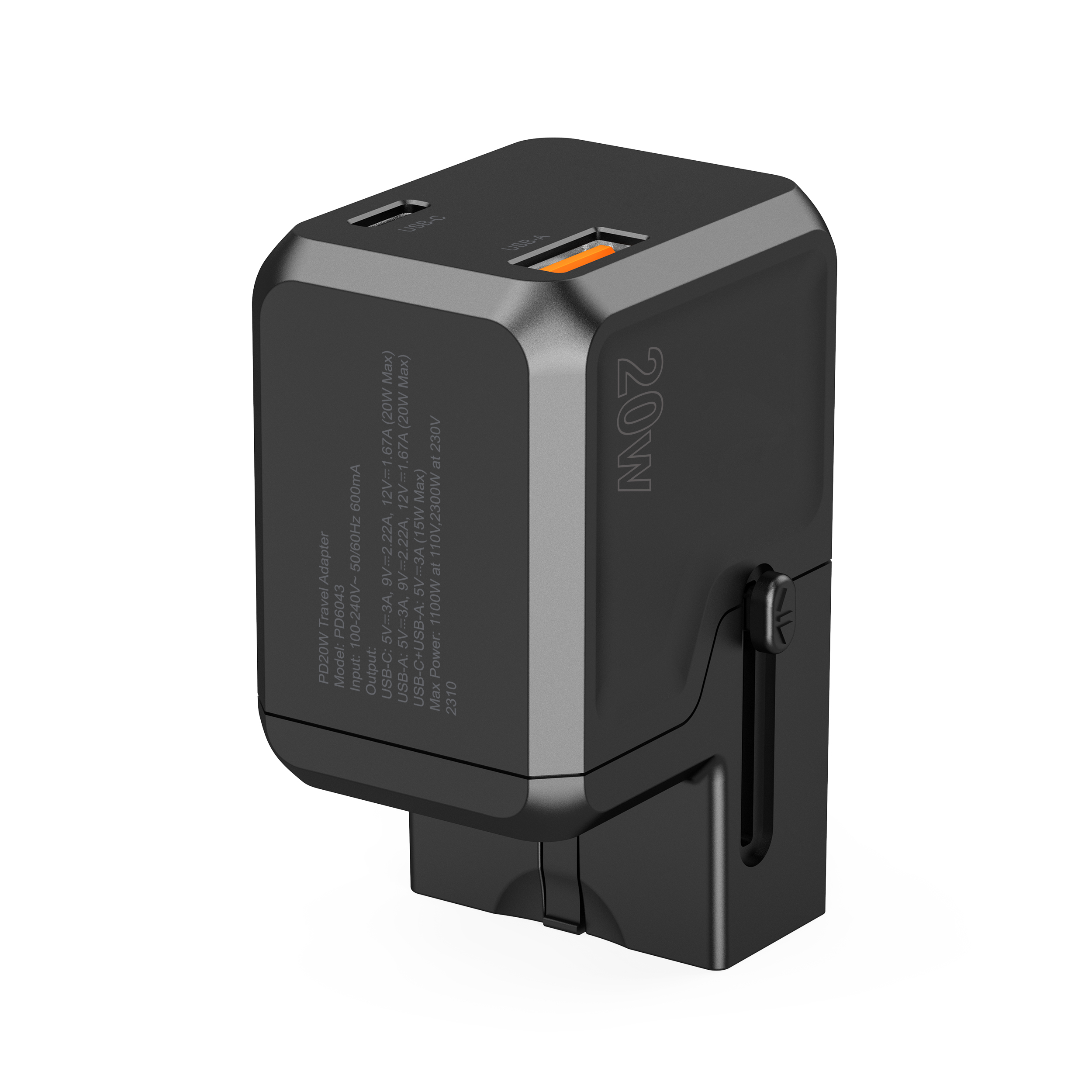 Universalus Kelioninis įkroviklis Usb-c Usb-a Pd 20w Kištukai Usa Eu Uk Au Juodas