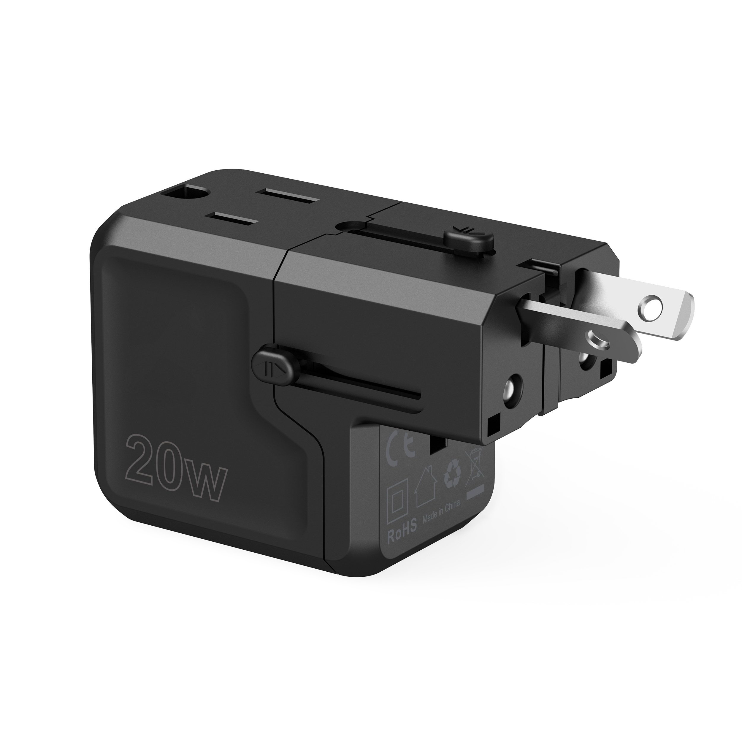 Universalus Kelioninis įkroviklis Usb-c Usb-a Pd 20w Kištukai Usa Eu Uk Au Juodas