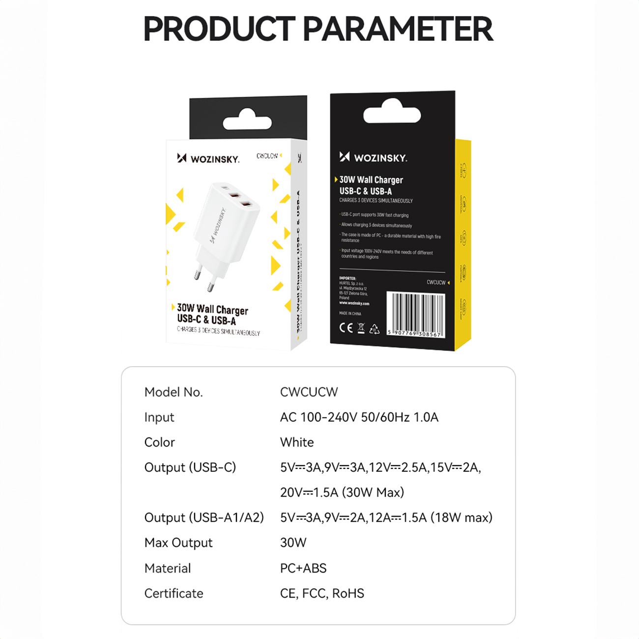 100-240v 30w Usb-c 2x Usb-a Tinklo įkroviklis, Baltos Spalvos