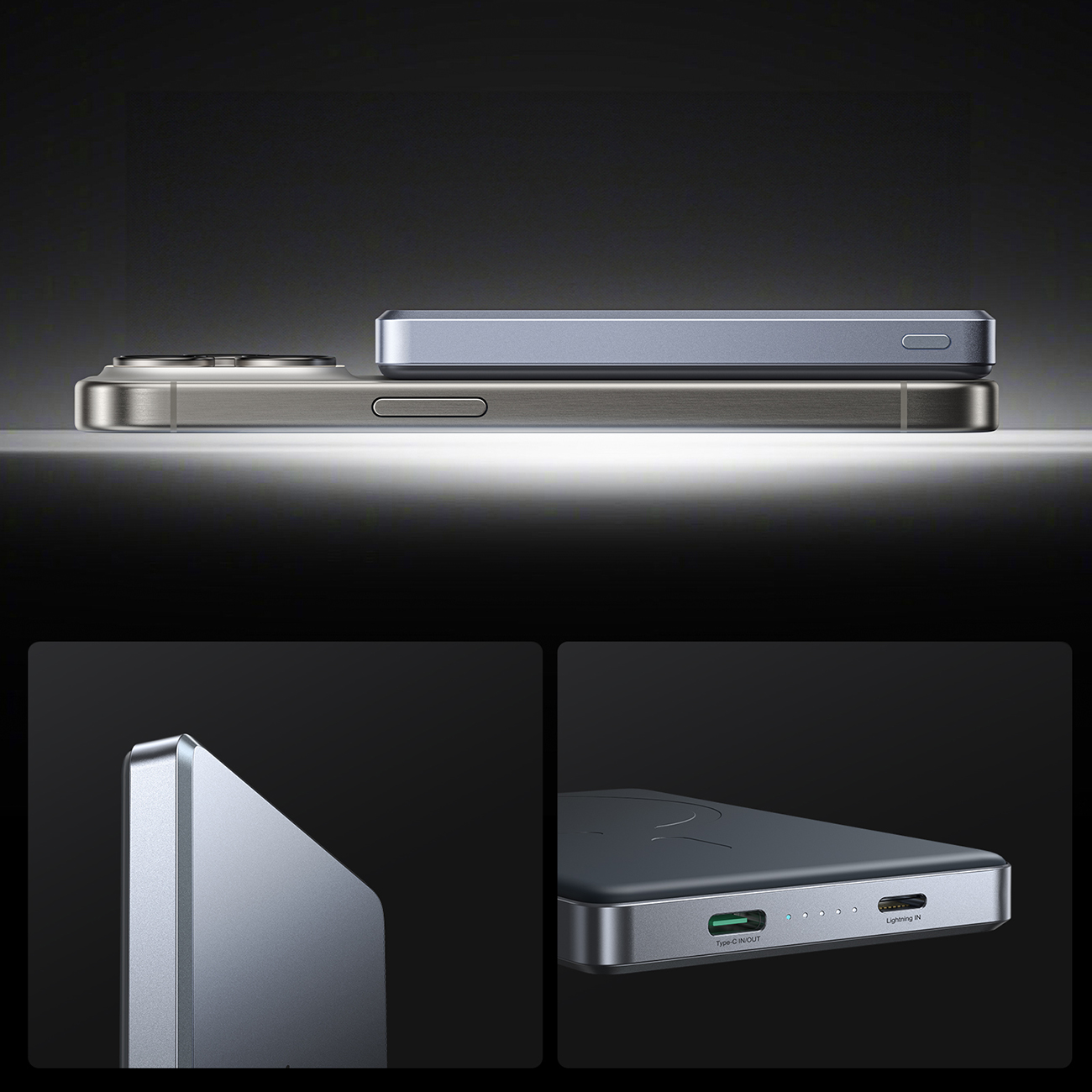 "powerbank Pro" 10000mah Itin Plonas Magnetinis Pd 20w Usb-c Lightning - Pilkas