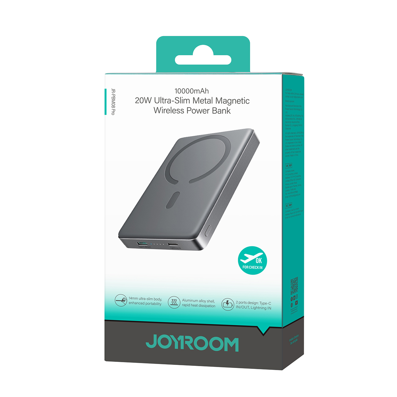 "powerbank Pro" 10000mah Itin Plonas Magnetinis Pd 20w Usb-c Lightning - Pilkas