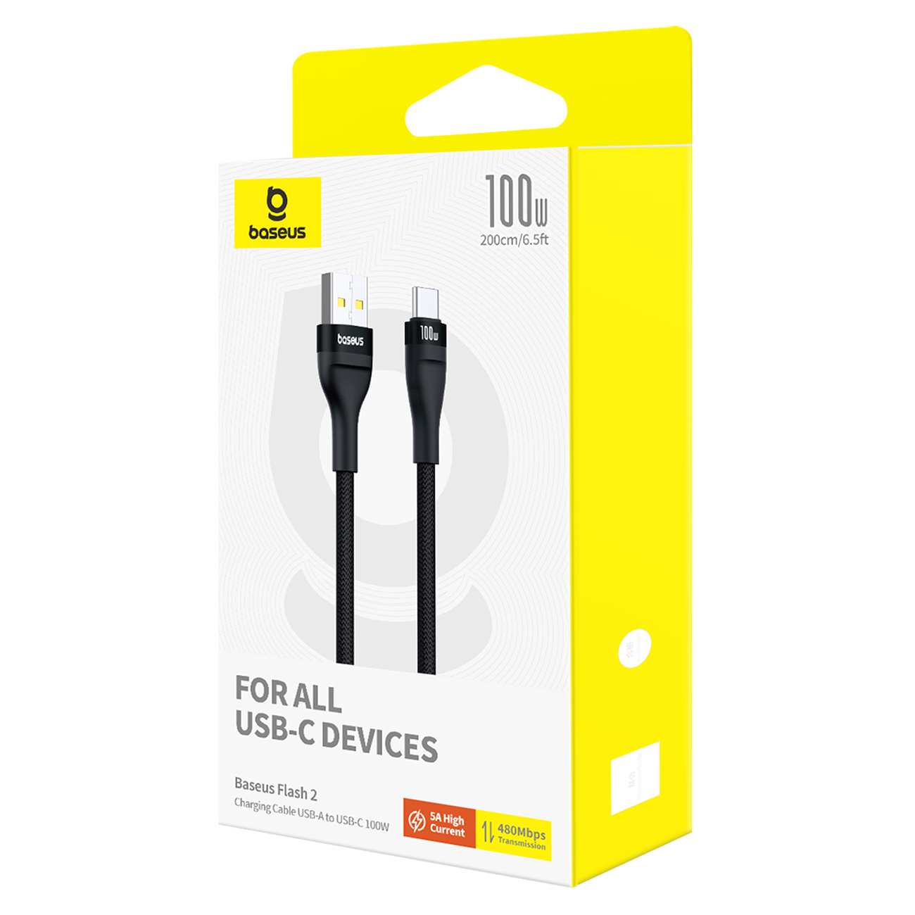 Flash Kabelis 2 Usb-a - Usb-c 100w 2 M - Juodas