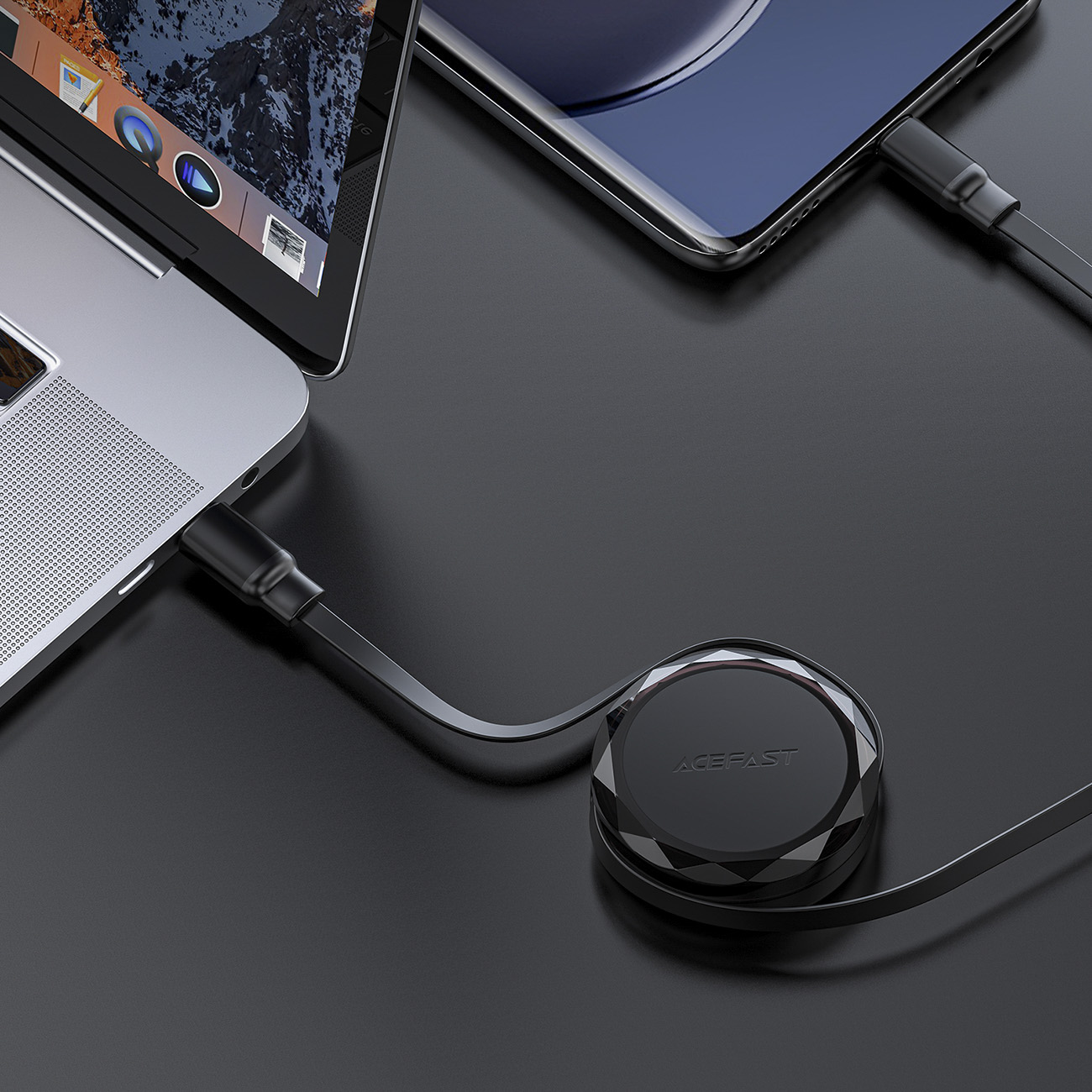 Usb-c - Usb-c Ištraukiamasis Kabelis Su 60 W Organizatoriumi - Juodas