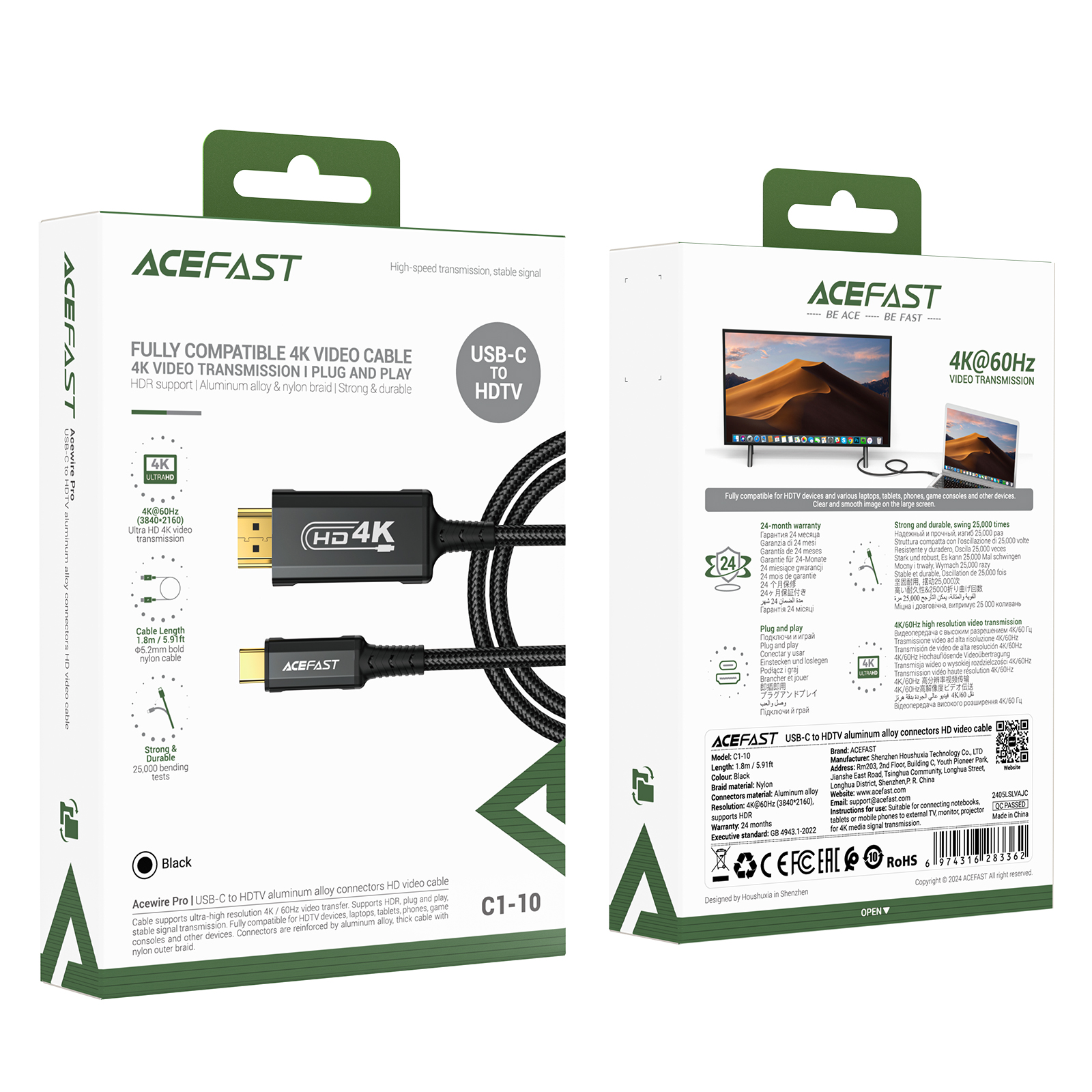Garso Ir Vaizdo Kabelis Usb-c - Hdmi 4k 60hz Hdr 1,8 M - Juodas