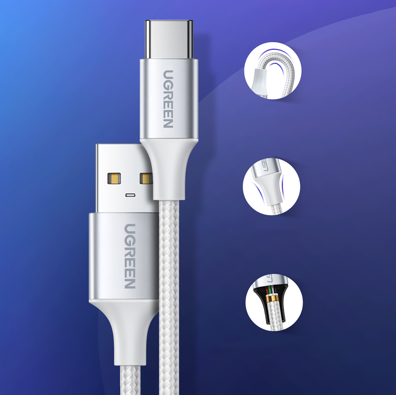 Kabelis Usb-a - Usb-c Qc 3.0 3a 3 M - Baltas