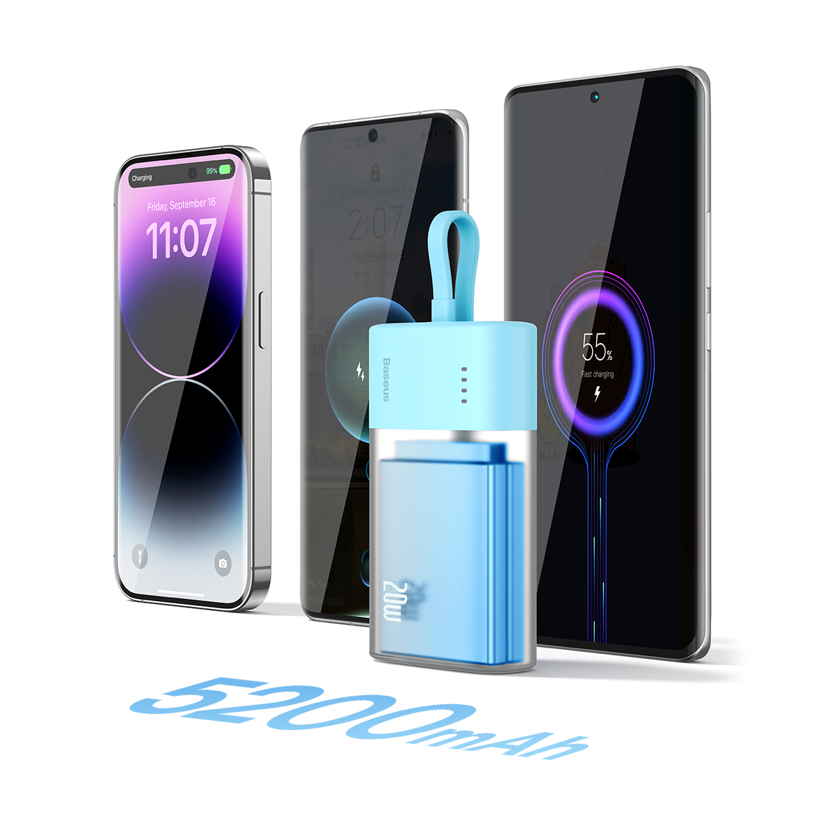 "powerbank Popsicle" 5200 Mah 20w Su "lightning" Laidu 60w/20v/3a/30cm - Mėlyna/oranžinė