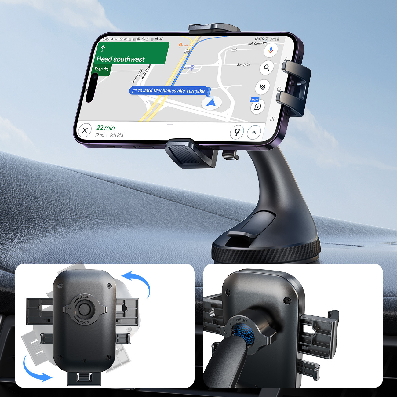 Automobilio Laikiklio Spaustukas Telefono Laikikliui Ant Priekinio Stiklo - Juodas