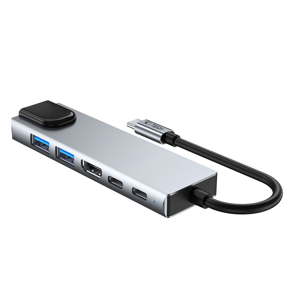 6in1 Hub Adapteris Usb-c Usb-a Hdmi Rj45 4k 30hz Pd 100w - Pilkas
