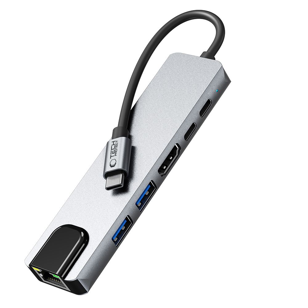 6in1 Hub Adapteris Usb-c Usb-a Hdmi Rj45 4k 30hz Pd 100w - Pilkas