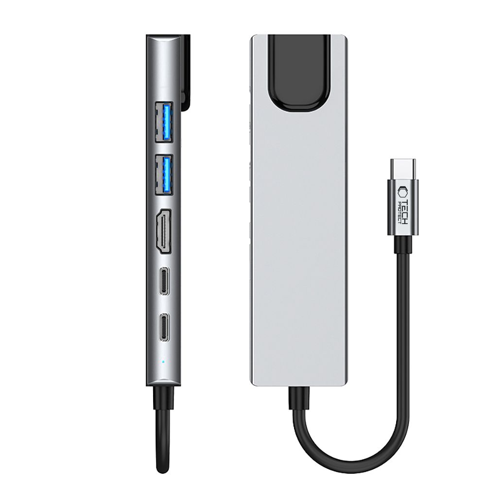 6in1 Hub Adapteris Usb-c Usb-a Hdmi Rj45 4k 30hz Pd 100w - Pilkas