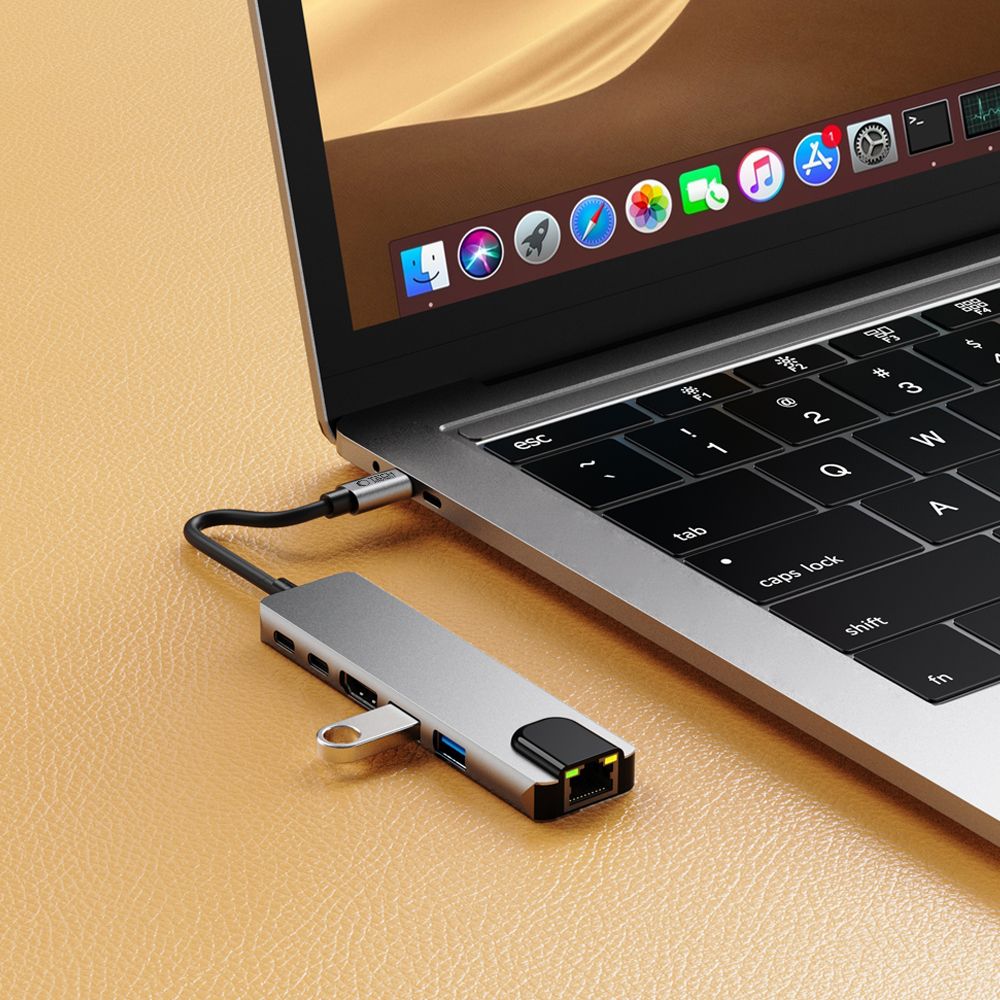 6in1 Hub Adapteris Usb-c Usb-a Hdmi Rj45 4k 30hz Pd 100w - Pilkas