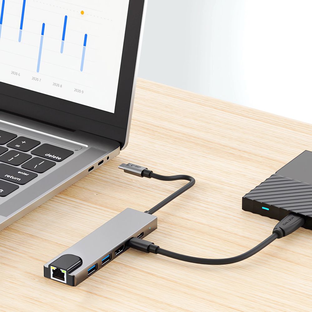 6in1 Hub Adapteris Usb-c Usb-a Hdmi Rj45 4k 30hz Pd 100w - Pilkas