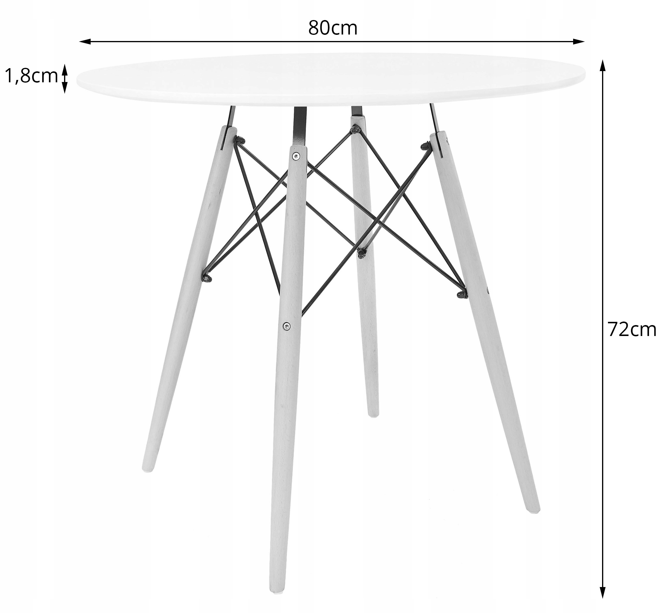 Komplektas Todi 80 Cm Apvalus Stalas - Baltas + 4 Kėdės Wat Baltos / Natūralios Kojos