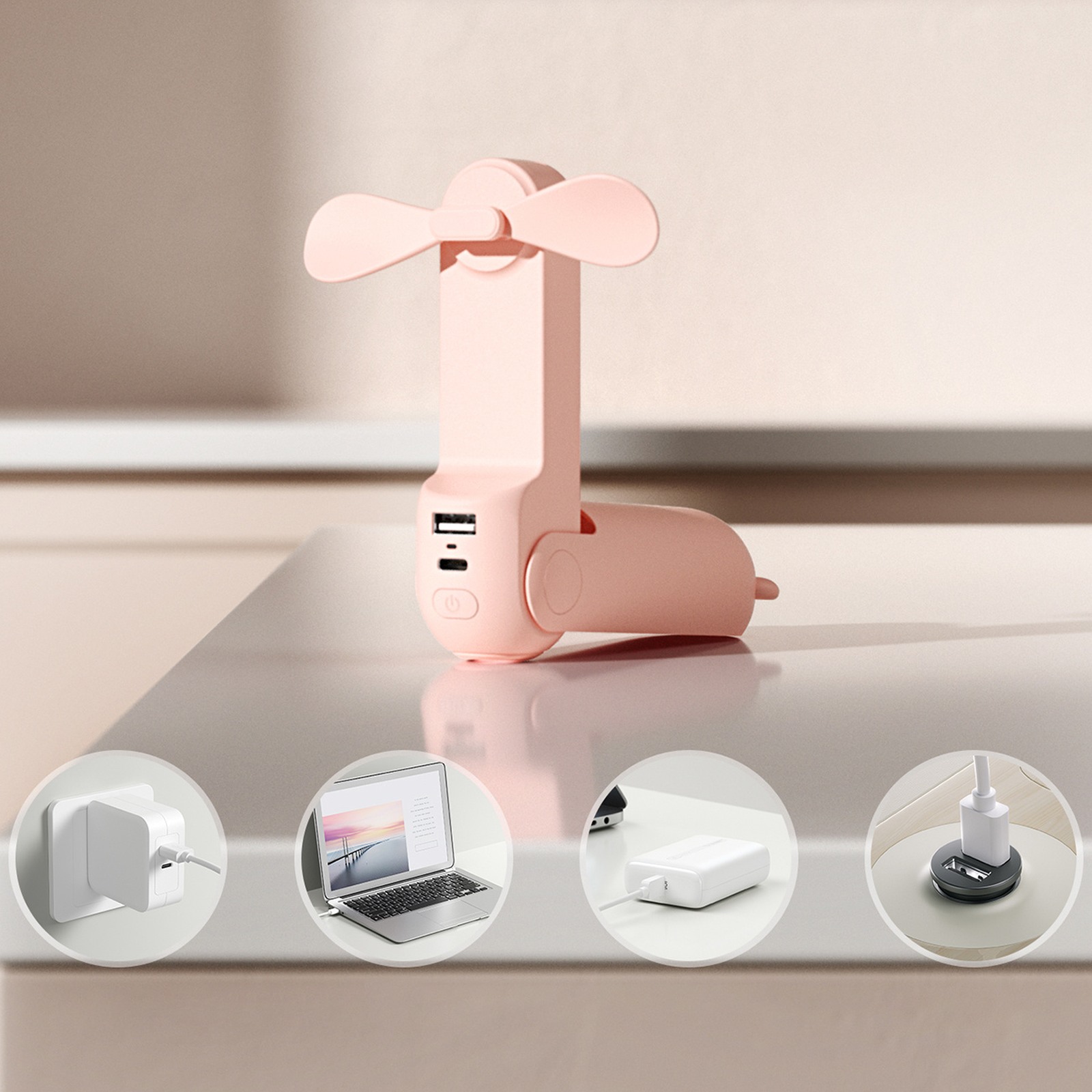 Mini Ventiliatorius Nešiojamasis Ventiliatorius Su Powerbanko Funkcija žibintuvėlis Usb-a Usb-c 2000 Mah - Rožinis