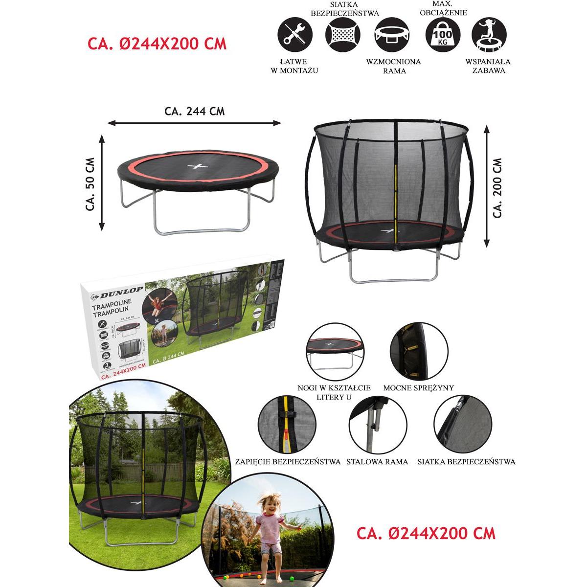 Trampolina Dunlop Premium Su Vidine Tinklelio Sistema Fi244cm