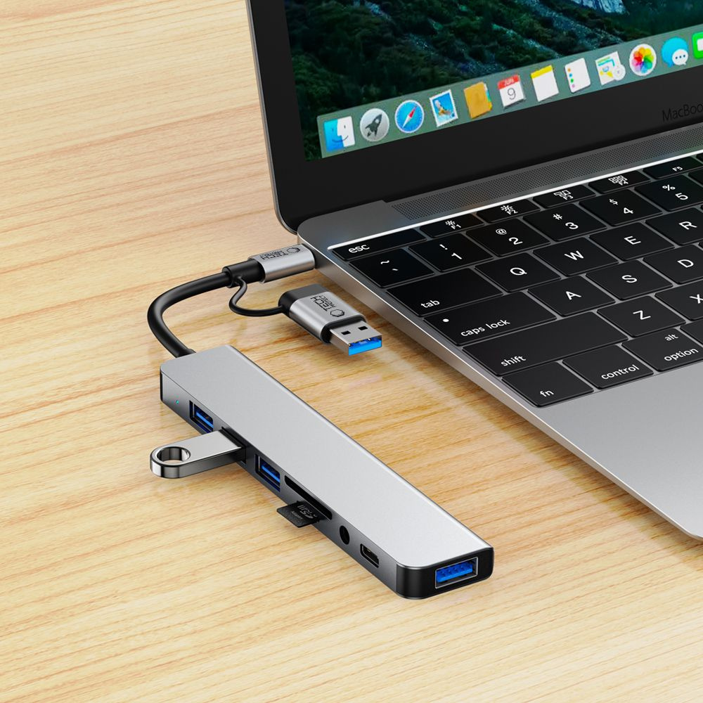 8in1 Usb-c Usb-a Sd/tf Av3.5 Daugiafunkcinis šakotuvas Hub - Pilkas