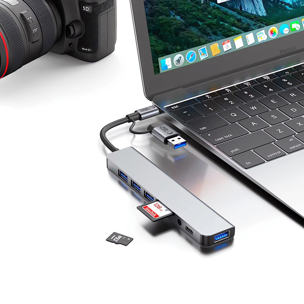 8in1 Usb-c Usb-a Sd/tf Av3.5 Daugiafunkcinis šakotuvas Hub - Pilkas