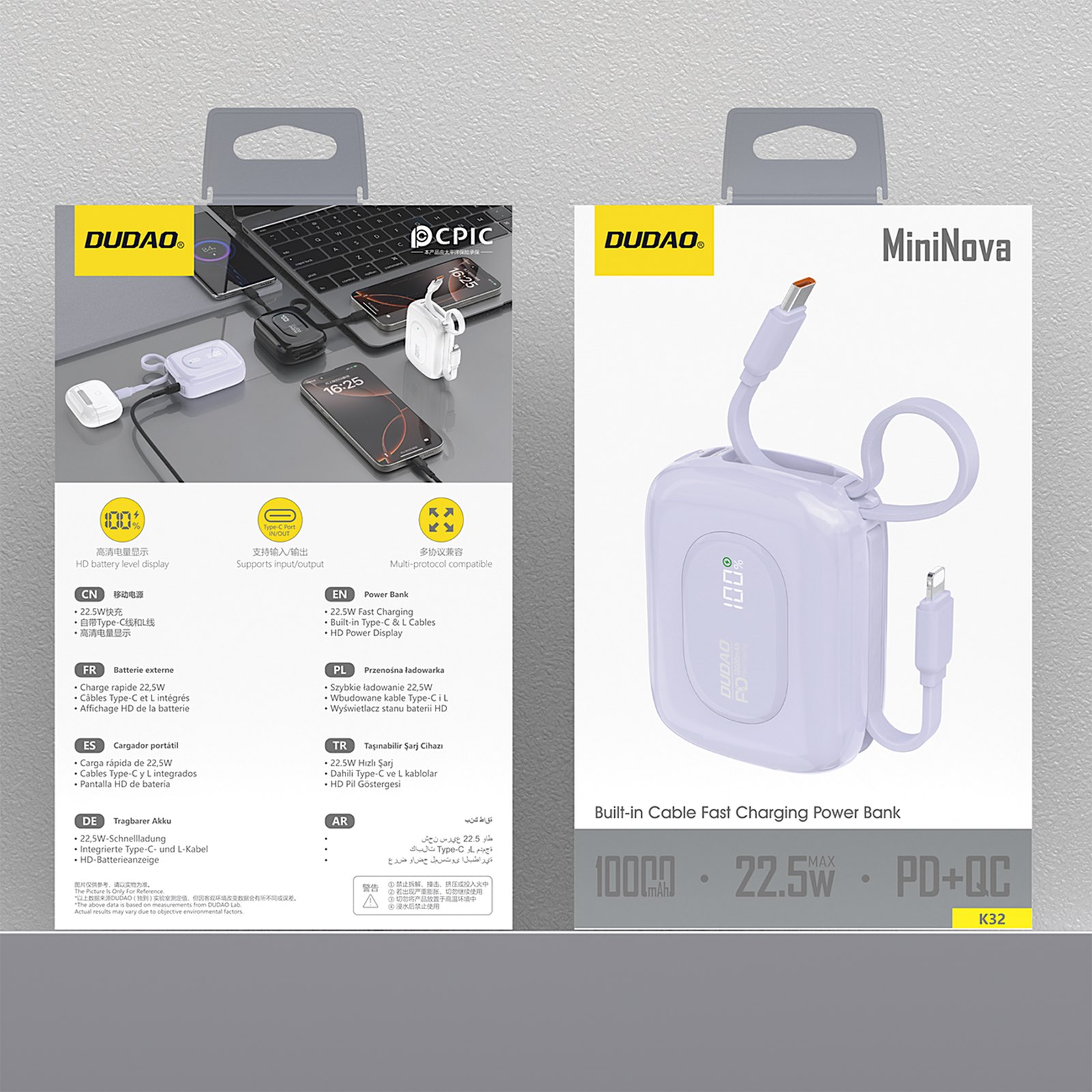 "powerbank K32" 10000 Mah Su Integruotu Usb-c "iphone Lightning" Kabeliu 22,5 W - Violetinė
