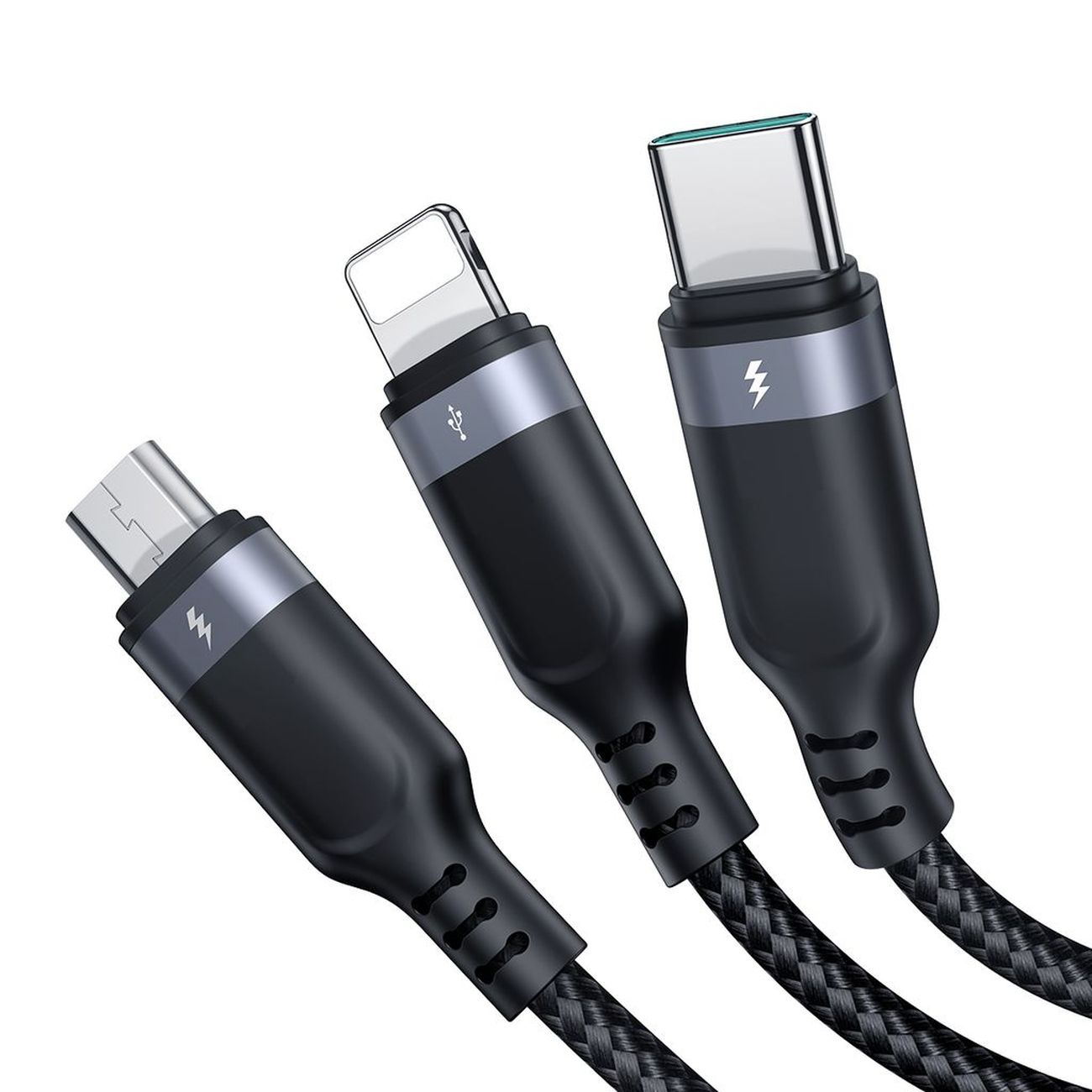 Kabelis 3in1 Usb-a - Lightning Usb-c Microusb 1,2 M - Juodas