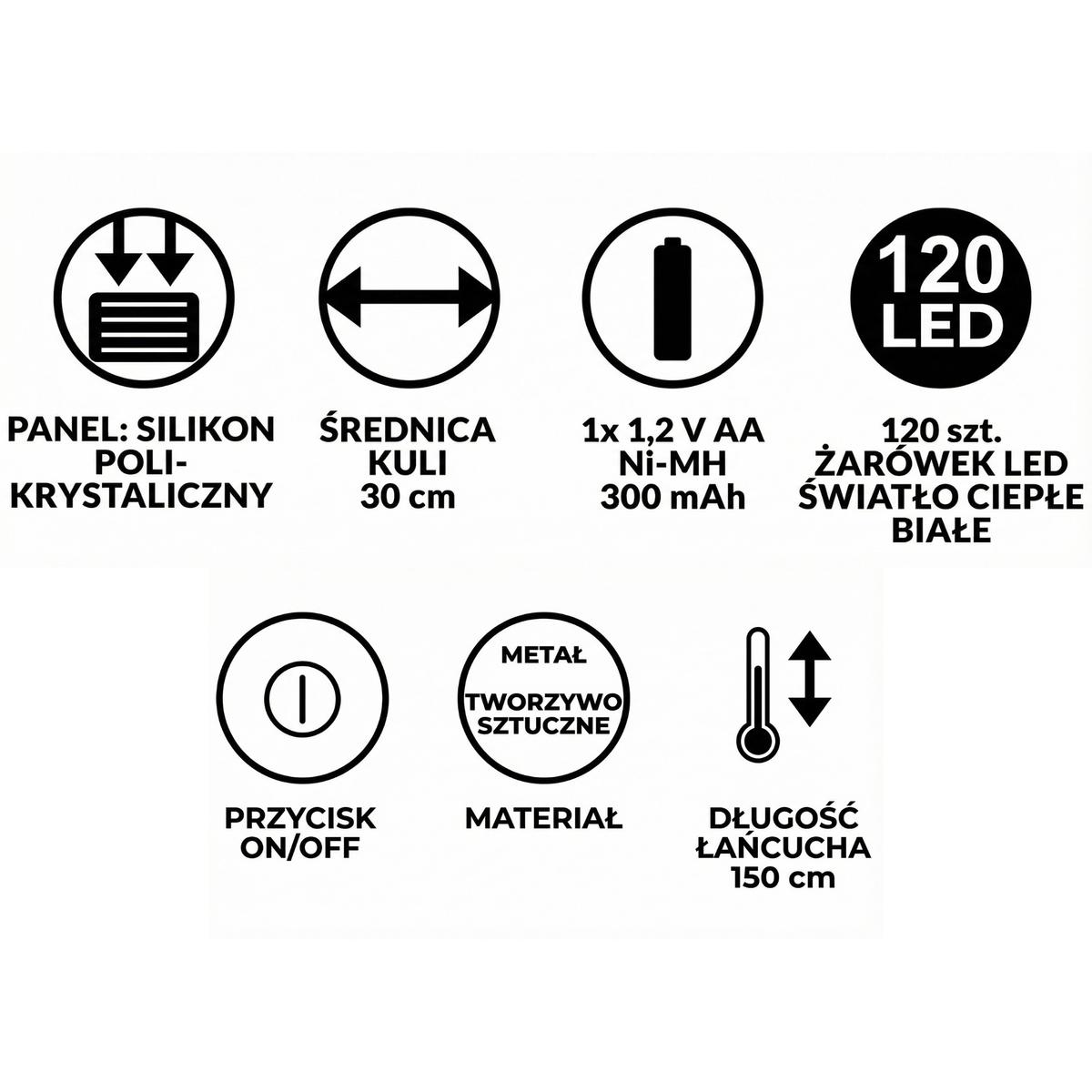 Saulės Pakabinama Lempa Rutulys 30 Cm 120 Led šiltai Balta