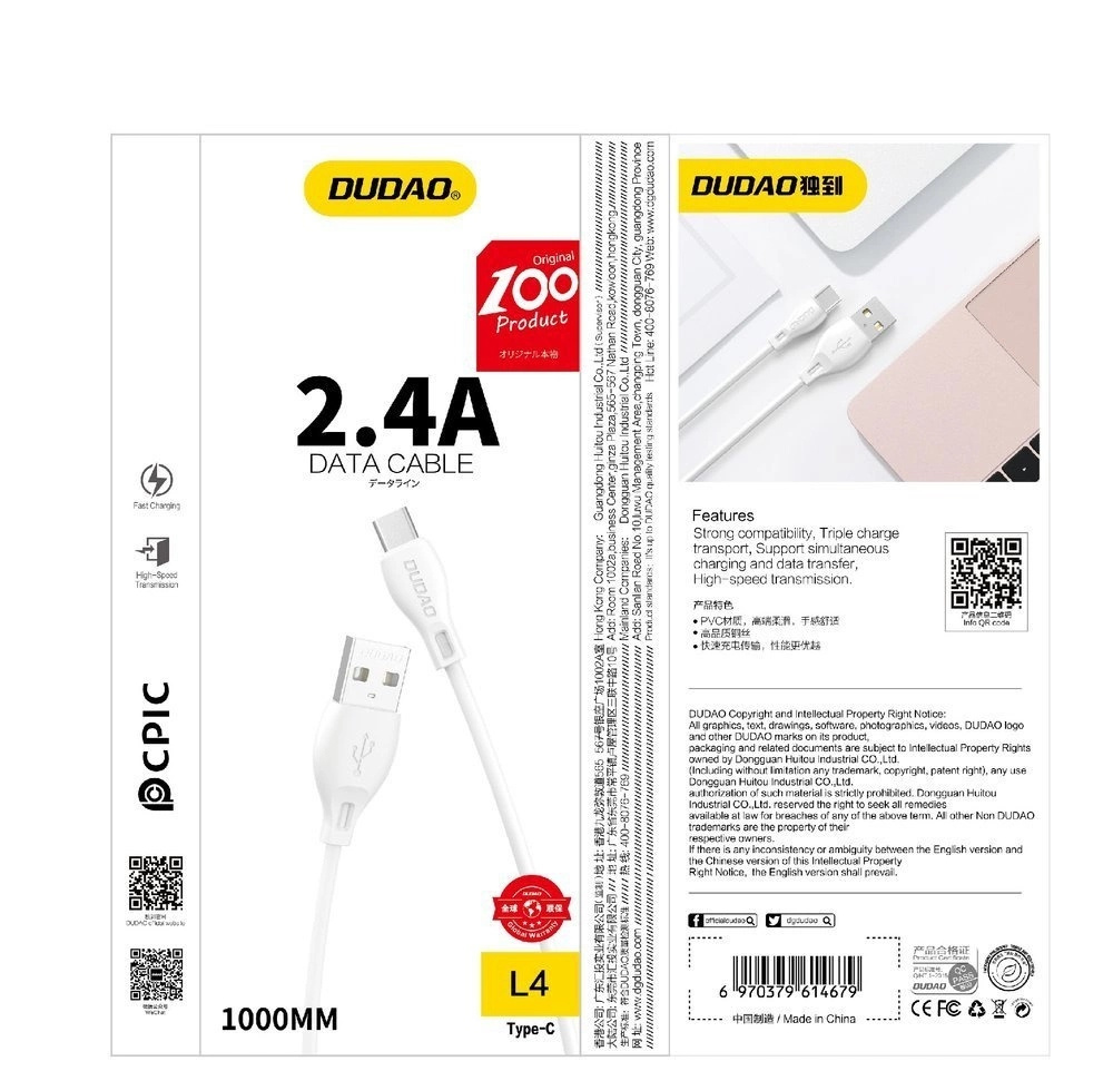 Kabelis Usb-a - "iphone Lightning" 2.4a 1 M - Baltas