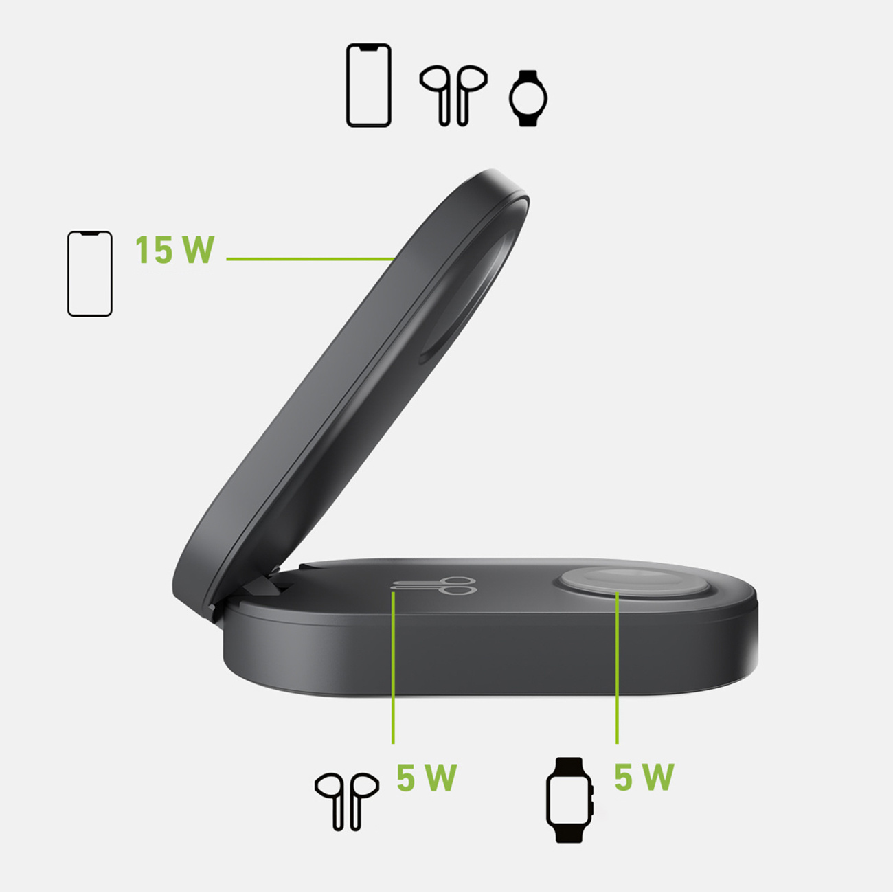 3in1 Sulankstoma Belaidžio įkrovimo Stotelė Iphone Apple Watch Airpods Qi2 Mfi - Juoda