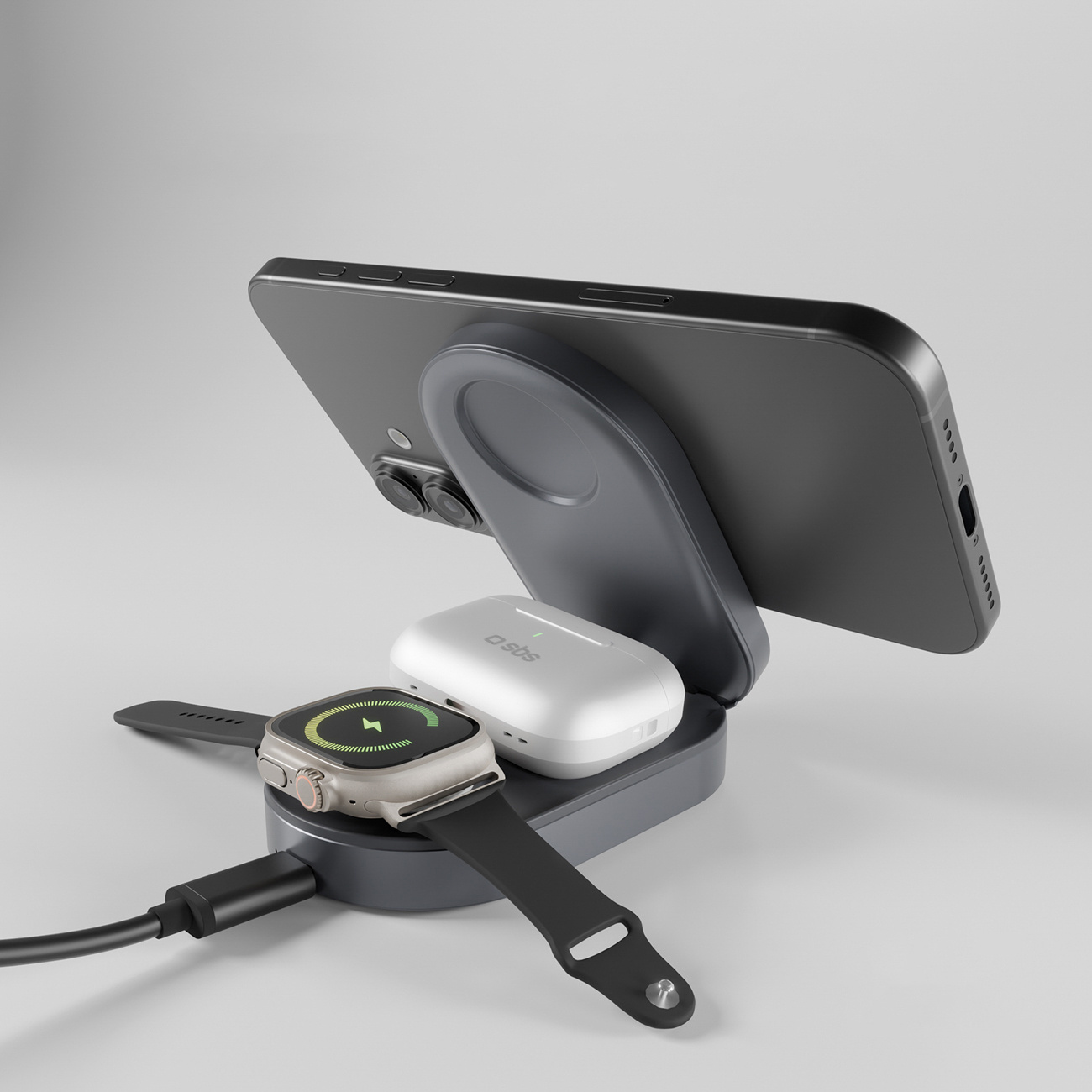 3in1 Sulankstoma Belaidžio įkrovimo Stotelė Iphone Apple Watch Airpods Qi2 Mfi - Juoda