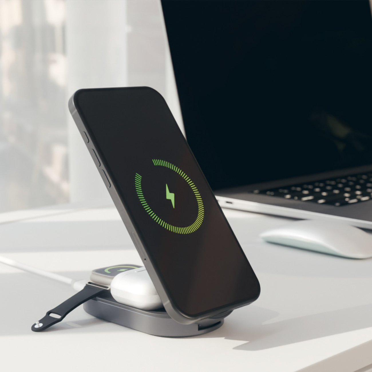3in1 Sulankstoma Belaidžio įkrovimo Stotelė Iphone Apple Watch Airpods Qi2 Mfi - Juoda