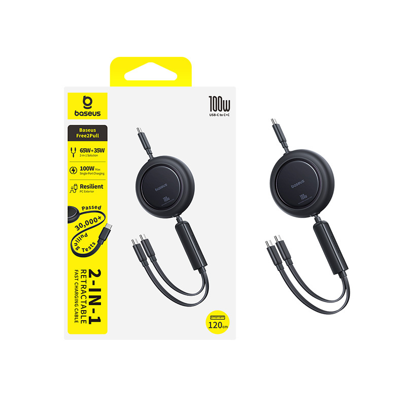 2-in-1 Usb-c Ištraukiamasis Kabelis 100 W 1,2 M - Juodas