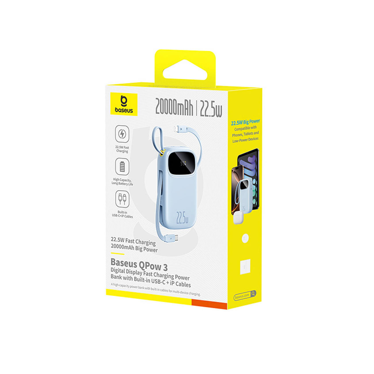 Powerbank 20000 Mah Su Ekranu Ir Integruotais Laidais Enerfill Fc31 22,5w - Mėlynas